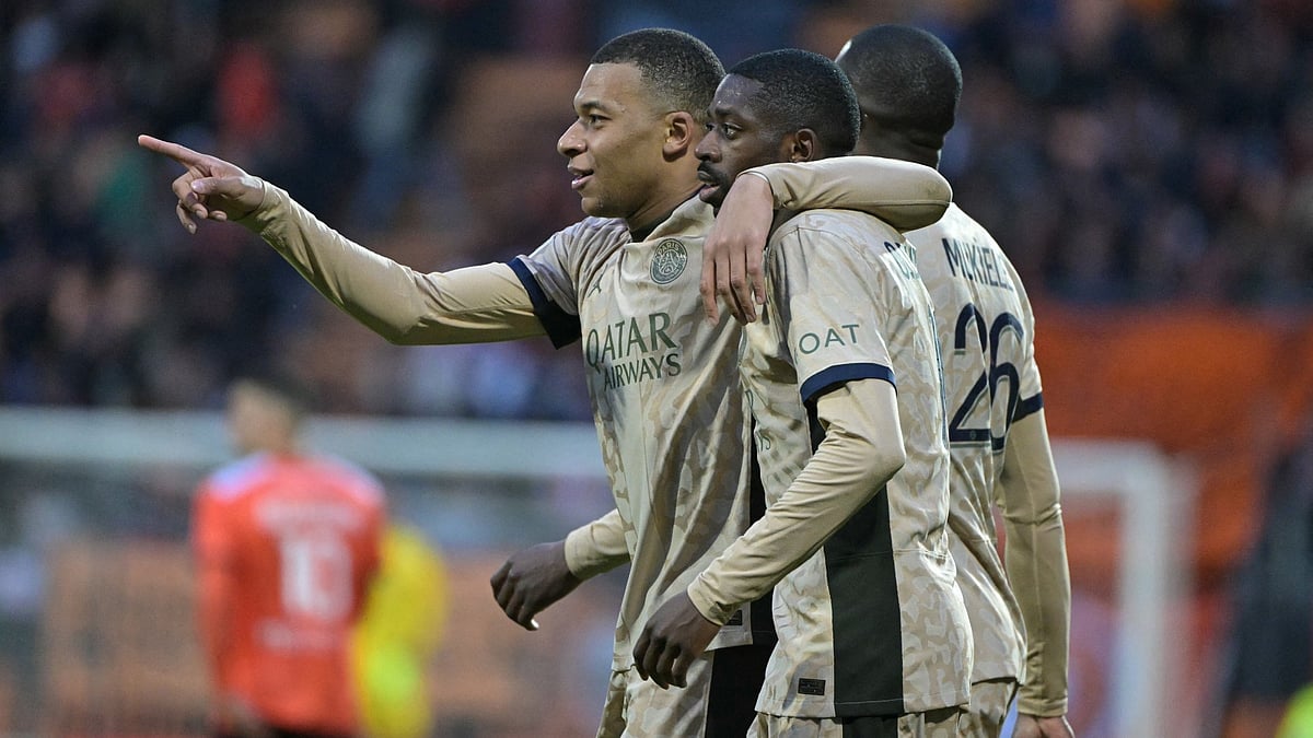 Ousmane Dembele and Kylian Mbappe celebrate on Wednesday against Lorient