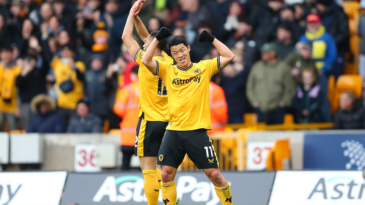 Hwang Hee-chan celebrates his opening goal against Luton Town.