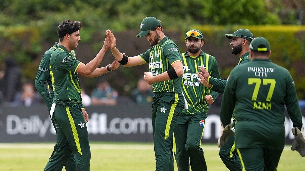 Photo: AP : Pakistan celebrate a wicket during the third T20I against Ireland in Dublin on Tuesday (May 15, 2024). 
