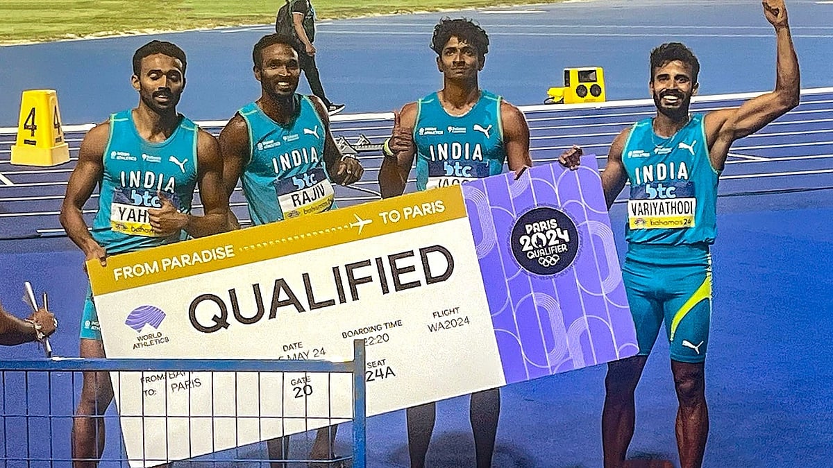 File  : Indian men's 4x400m relay team members Muhammed Anas Yahiya, Muhammed Ajmal, Arokia Rajiv and Amoj Jacob pose for photos after qualifying for Paris Olympics, at the World Athletics Relays, in Nassau, Bahamas, Monday, May 6, 2024.