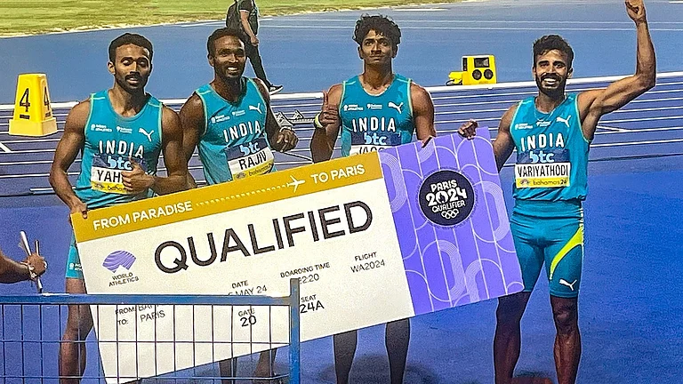 Indian men's 4x400m relay team members Muhammed Anas Yahiya, Muhammed Ajmal, Arokia Rajiv and Amoj Jacob pose for photos after qualifying for Paris Olympics, at the World Athletics Relays, in Nassau, Bahamas, Monday, May 6, 2024. - PTI