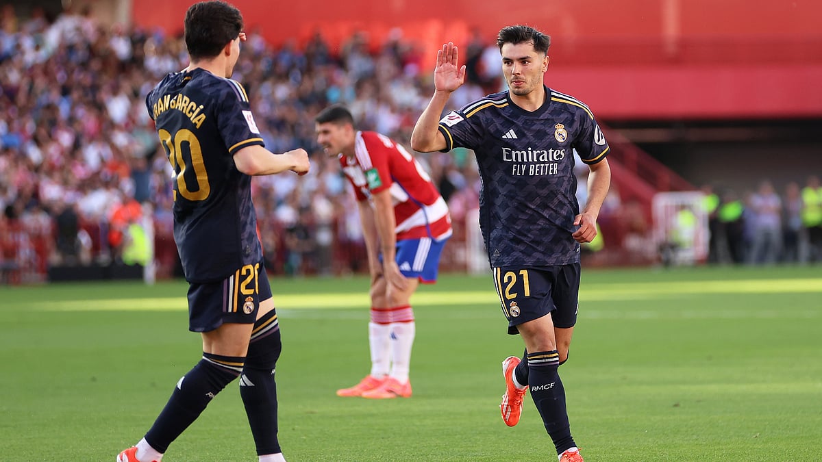 Brahim Diaz (right) celebrates after scoring at Granada on Saturday.