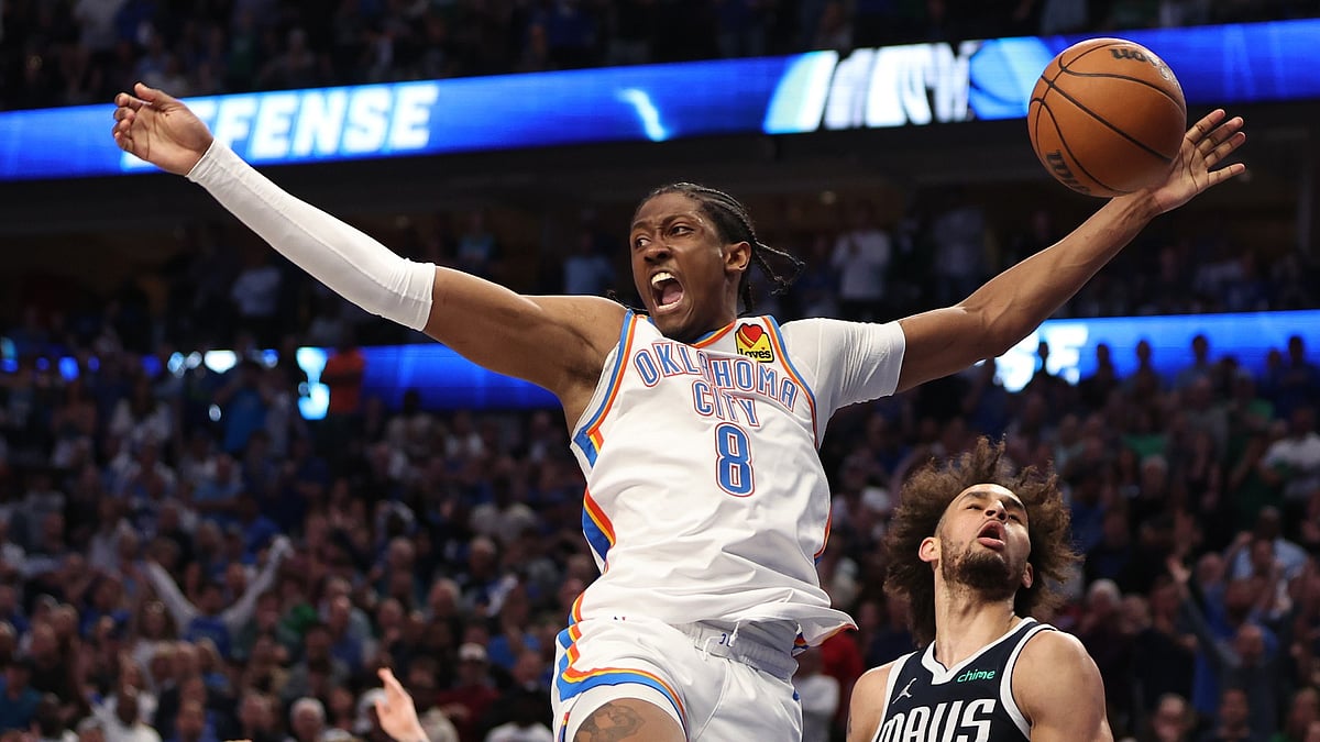 Oklahoma City Thunder forward Jalen Williams celebrates during Game 4 of a 2024 play-off series vs. the Dallas Mavericks. - null