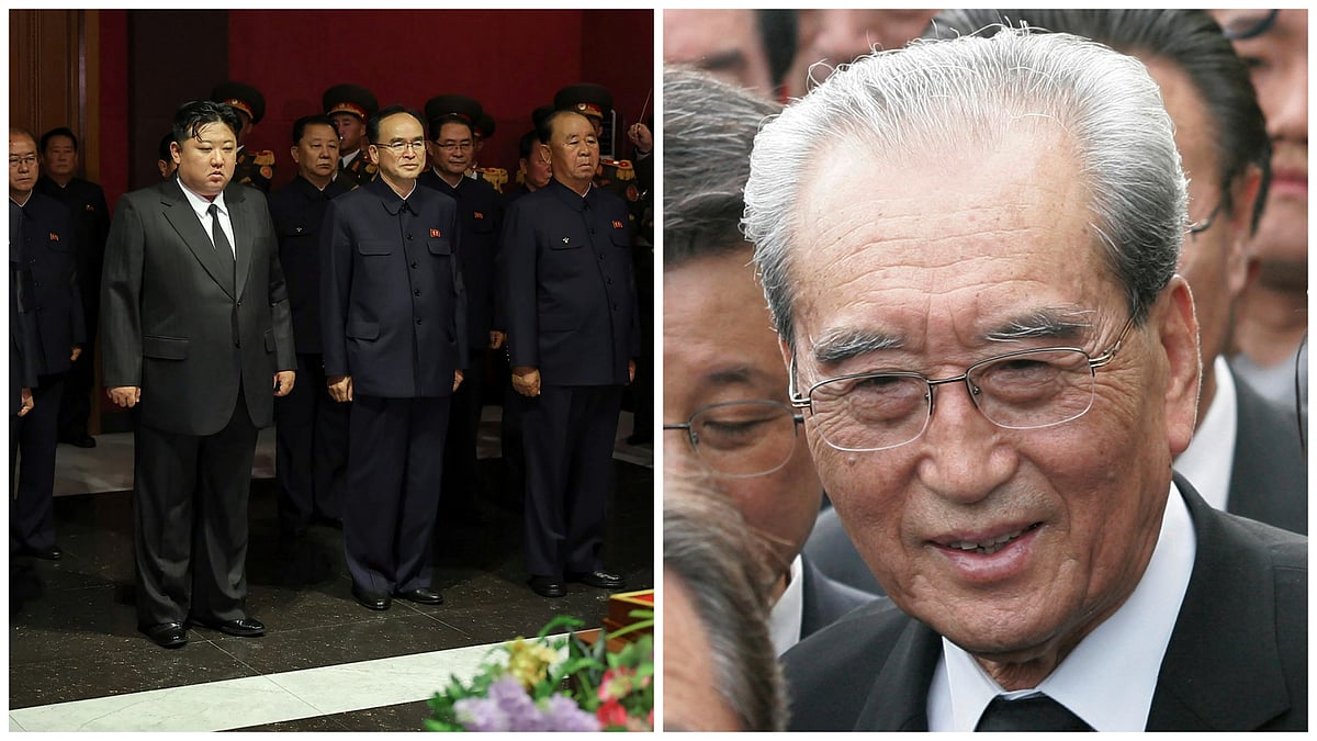 In this photo provided by the North Korean government, North Korean leader Kim Jong Un, front center, with top officials pays a condolence visit to the body of Kim Ki Nam, former secretary of the Central Committee of the Workers' Party of Korea at a funeral hall in Pyongyang, North Korea Wednesday, May 8, 2024.  - AP