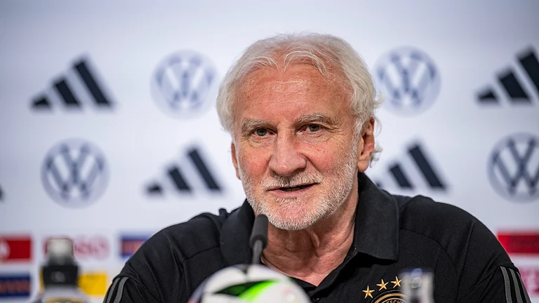 Germany sporting director Rudi Voller talks to the media during a press conference on Monday. - null