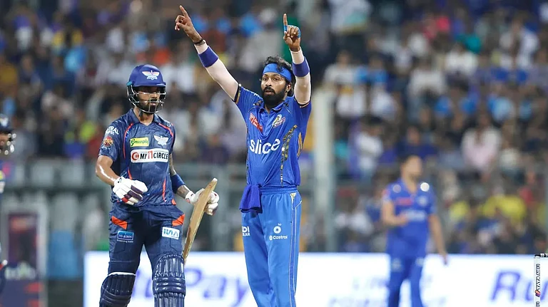 Mumbai Indians' skipper Hardik Pandya in action during match 67 against Luck Super Giants on May 17, Friday 2024 at the Wankhede Stadium, Mumbai. - BCCI