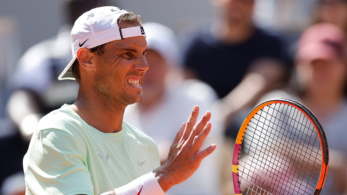 AP Photo/Jean-Francois Badias : Spain's Rafael Nadal reacts during a training session at the Roland Garros stadium in Paris.