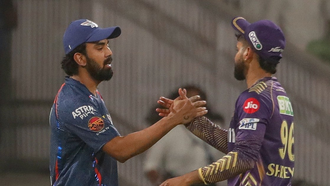 Kolkata Knight Riders' captain Shreyas Iyer, right, shakes hands with Lucknow Super Giants' captain KL Rahul after their win during the Indian Premier League cricket match between Lucknow Super Giants and Kolkata Knight Riders in Lucknow. - AP Photo/Pankaj Nangia