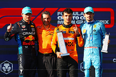 Race winner Lando Norris with Max Verstappen & Charles Leclerc