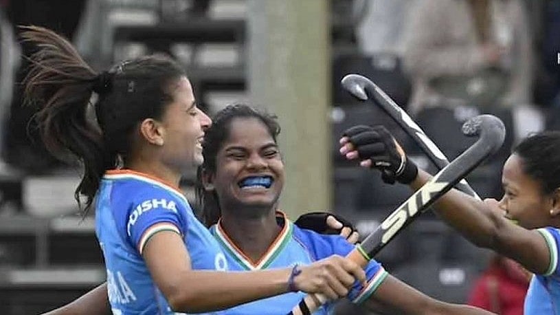 Photo: X/ @TheHockeyIndia : Indian women's hockey players celebrating after a goal against Belgium in Antwerp on Saturday.