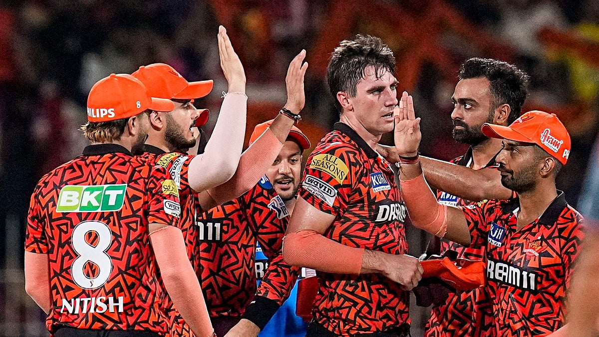Photo: PTI : Sunrisers Hyderabad players celebrating after taking the wicket of RR batter in second qualifier of the IPL 2024 in Chennai on Friday.