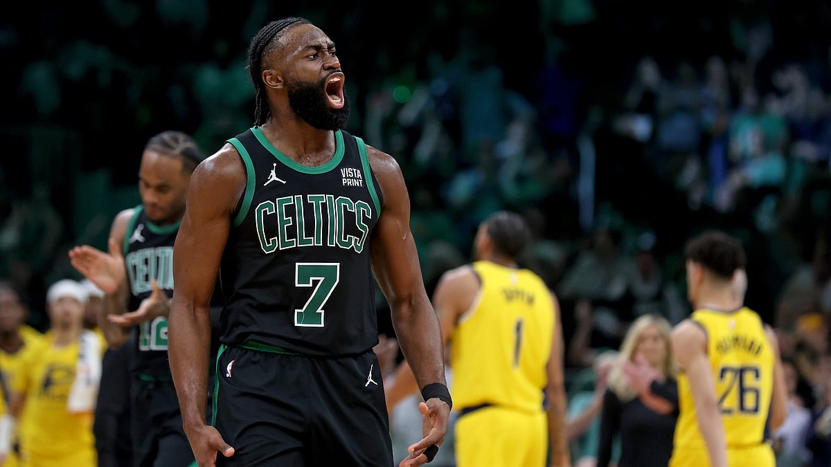 Jaylen Brown #7 of the Boston Celtics screams out in celebration during the second half of Game 2 of the Eastern Conference Finals against the Indianapolis Pacers at the TD Garden.