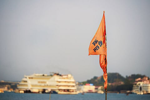 A Jai Shree Ram flag in the Mandovi River