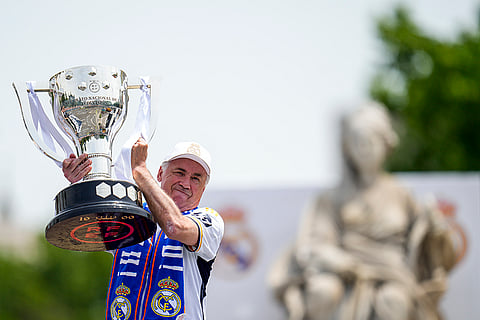 Real Madrid's coach Carlo Ancelotti holds 36th La Liga trophy