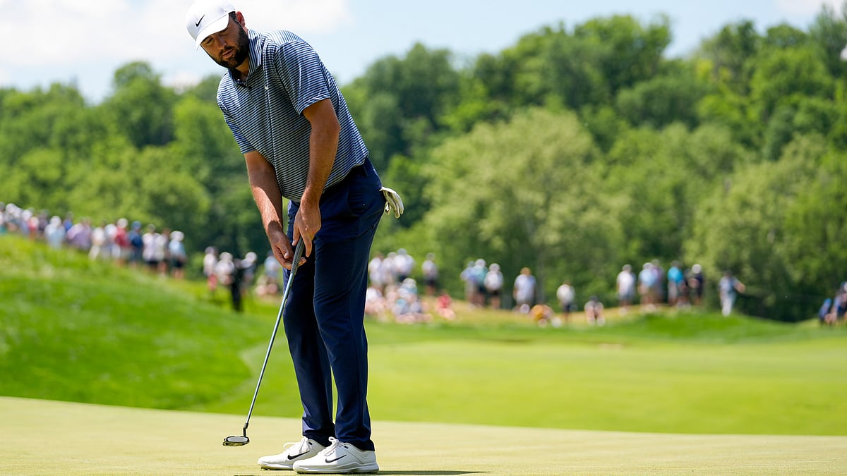 AP : Scottie Scheffler reacts after missing a putt on the fourth hole during the final round of the PGA Championship golf tournament at the Valhalla Golf Club.