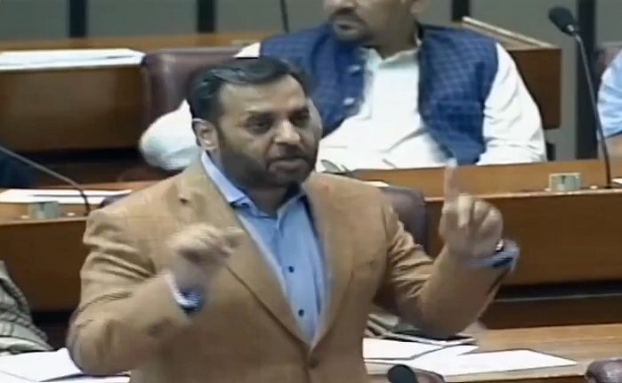 Screen grab from video on X : Muttahida Quami Movement Pakistan (MQM-P) leader said that while India is landing on the moon, Karachi is making news of children being killed by falling in open gutters.

