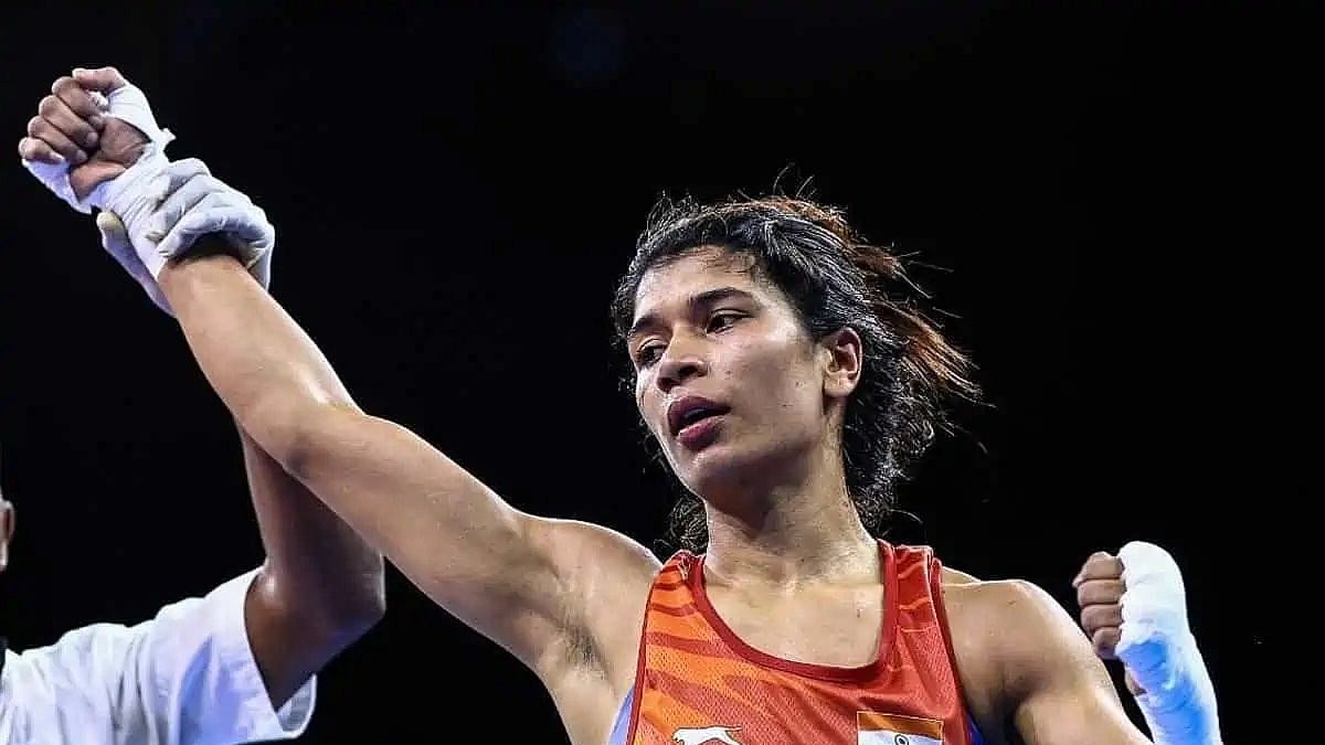 Photo: X/ @SportsArena1234 : Nikhat Zareen (52kg) outclassed Zhazira Urakbayeva of Kazakhstan with an unanimous 5-0 scoreline. 