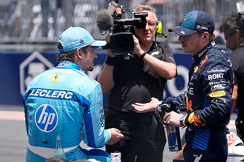 Charles Leclerc with Max Verstappen after the Sprint race