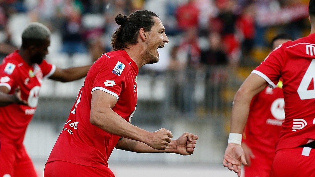Monza's Milan Đurić celebrates after scoring his side's first goal of the game during the Serie A soccer match between Monza and Lazio at the U-Power Stadium in Monza, Italy, Saturday May 4 , 2024. 
 - (Alberto Mariani/LaPresse via AP)
