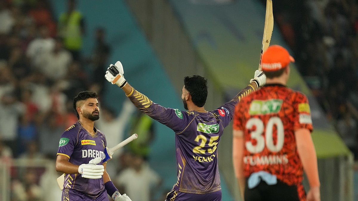 Shreyas Iyer and Venky Iyer after win over SRH in IPL 2024. AP Photo