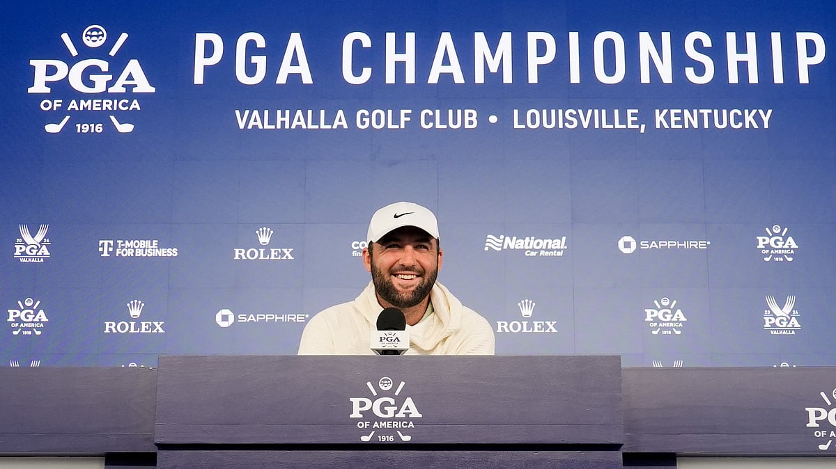 Scottie Scheffler speaks during a news conference during the PGA Championship golf tournament at the Valhalla Golf Club. - AP