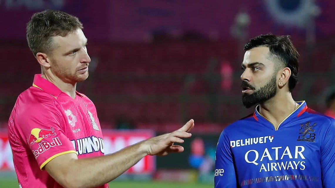 BCCI  : Rajasthan Royals' Jos Buttler (first from left) and Royal Challengers Bengaluru's Virat Kohli during match 19 of IPL 2024. 