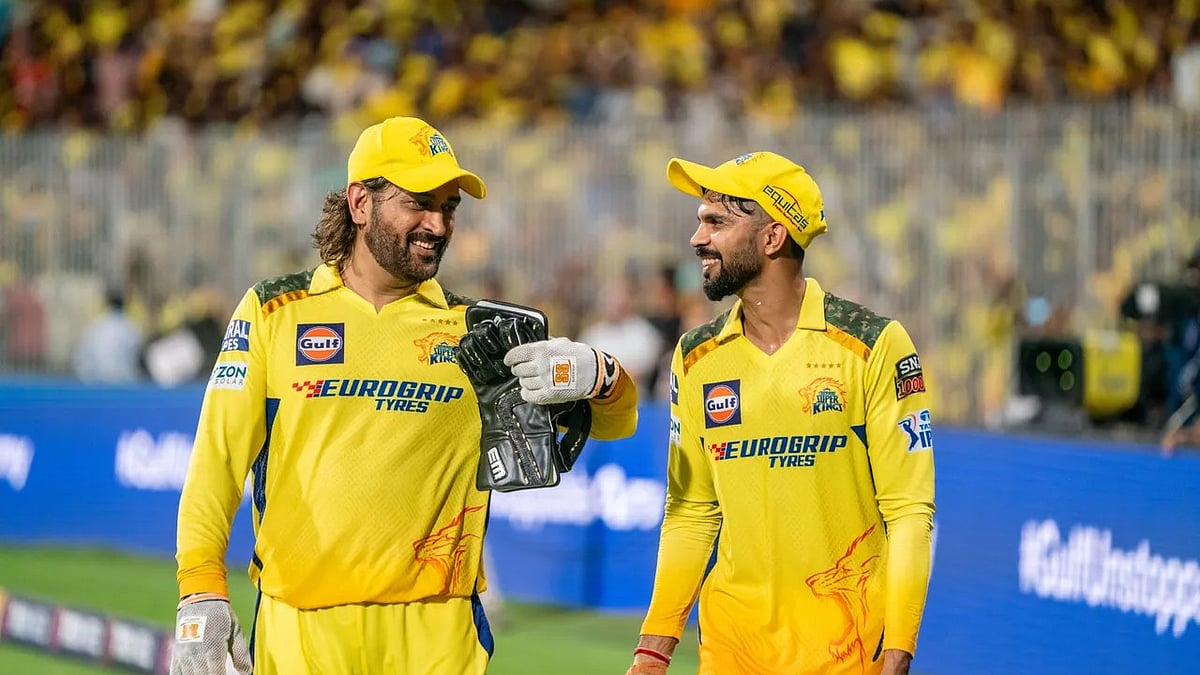 MS Dhoni (first from left) and Ruturaj Gaikwad of Chennai Super Kings during match 46 of IPL 2024.  - BCCI