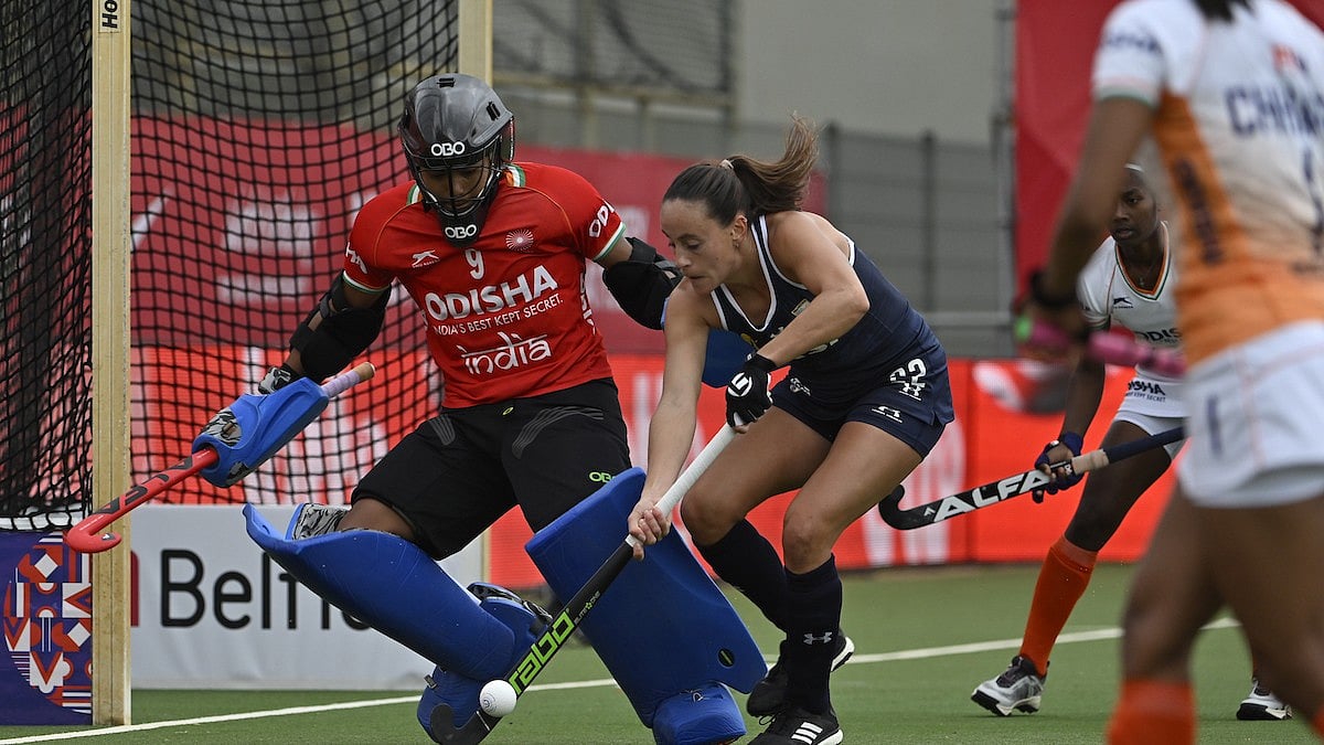 Action from the India vs Argentina hockey match in the FIH Women's Pro League in Antwerp, Belgium. - Hockey India