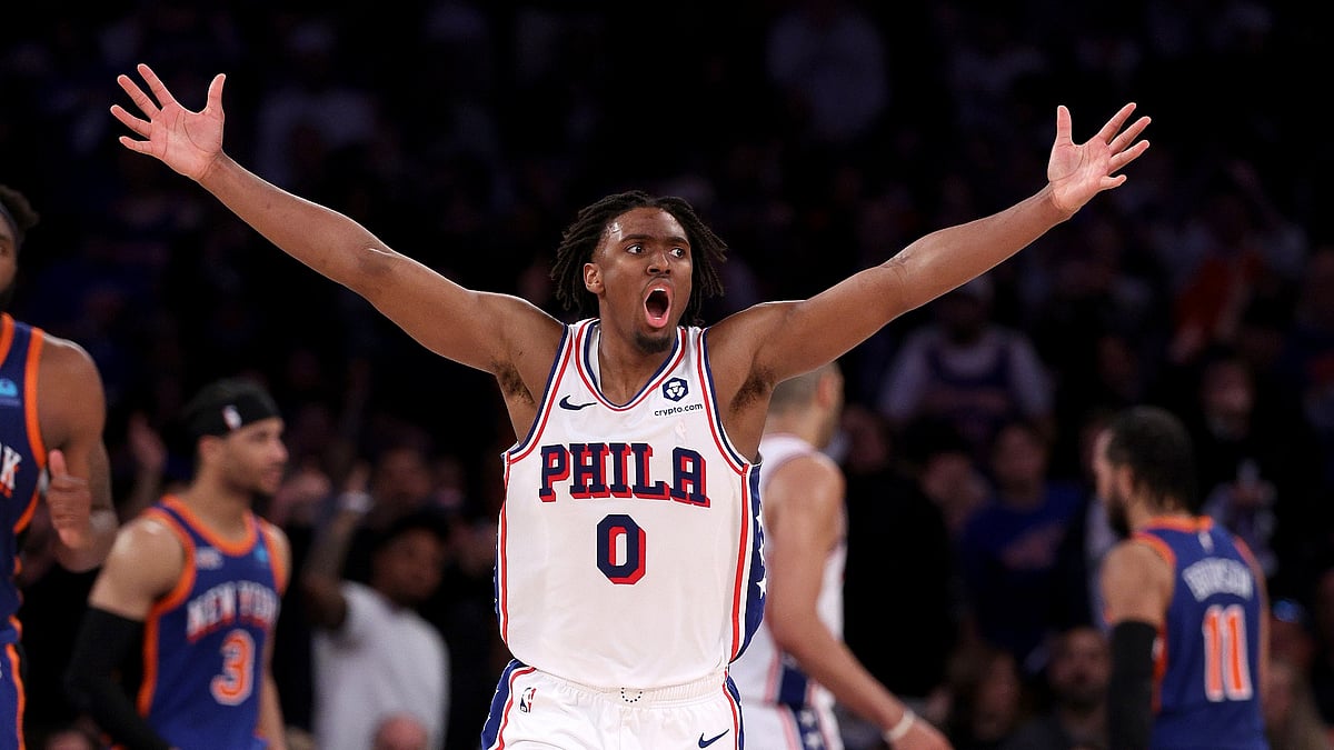 Tyrese Maxey #0 of the Philadelphia 76ers reacts in the fourth quarter against the New York Knicks at Madison Square Garden on April 30, 2024. - null