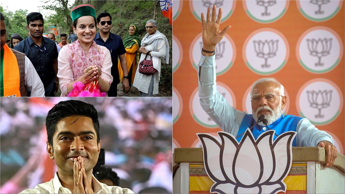 Kangana Ranaut (L), Abhishek Banerjee (Bottom), Narendra Modi (R)