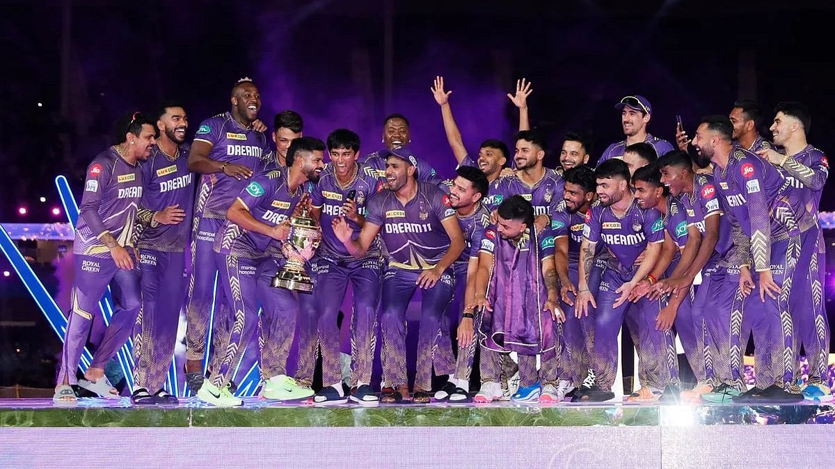 Kolkata Knight Riders celebrate on the victory stage of the 2024 Indian Premier League.  - BCCI 