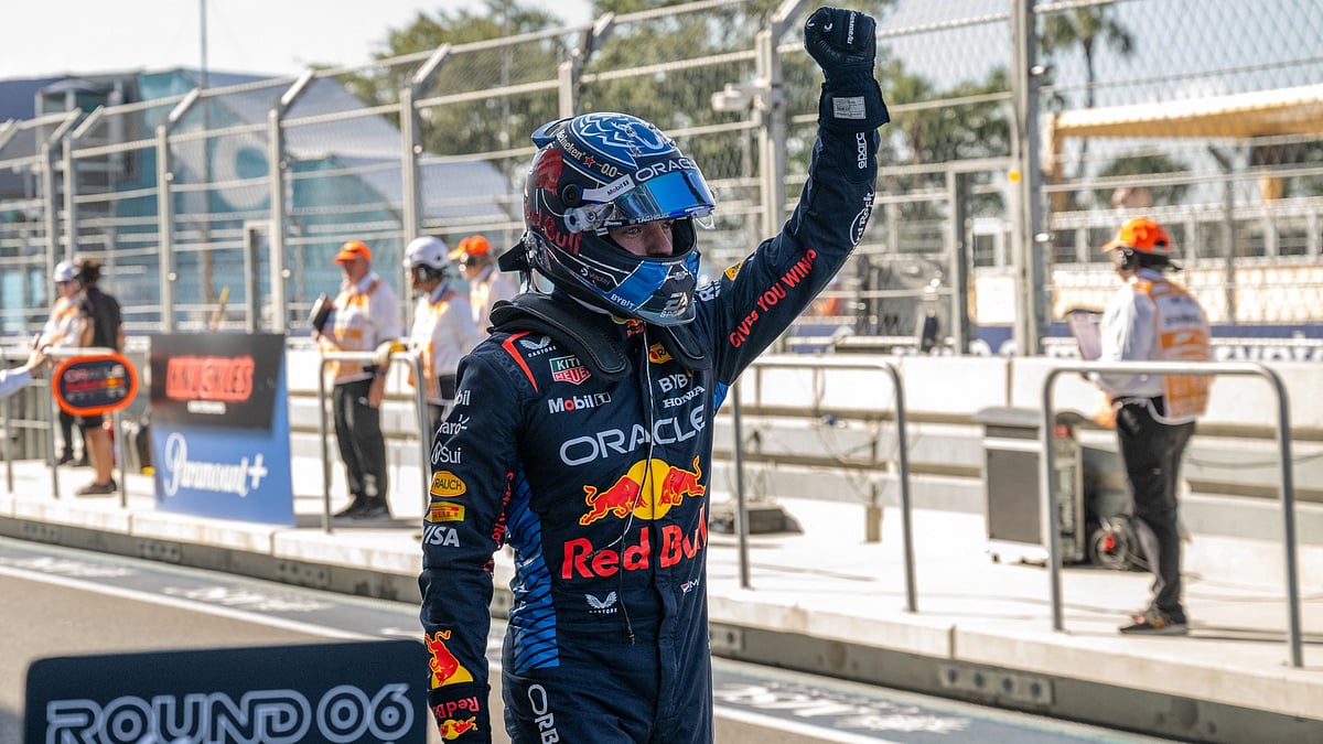 Max Verstappen celebrates taking pole in Miami