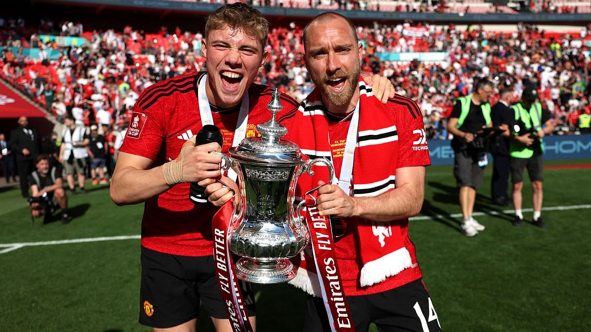 Eriksen (right) and Hojlund are fresh from winning the FA Cup with Manchester United. - null