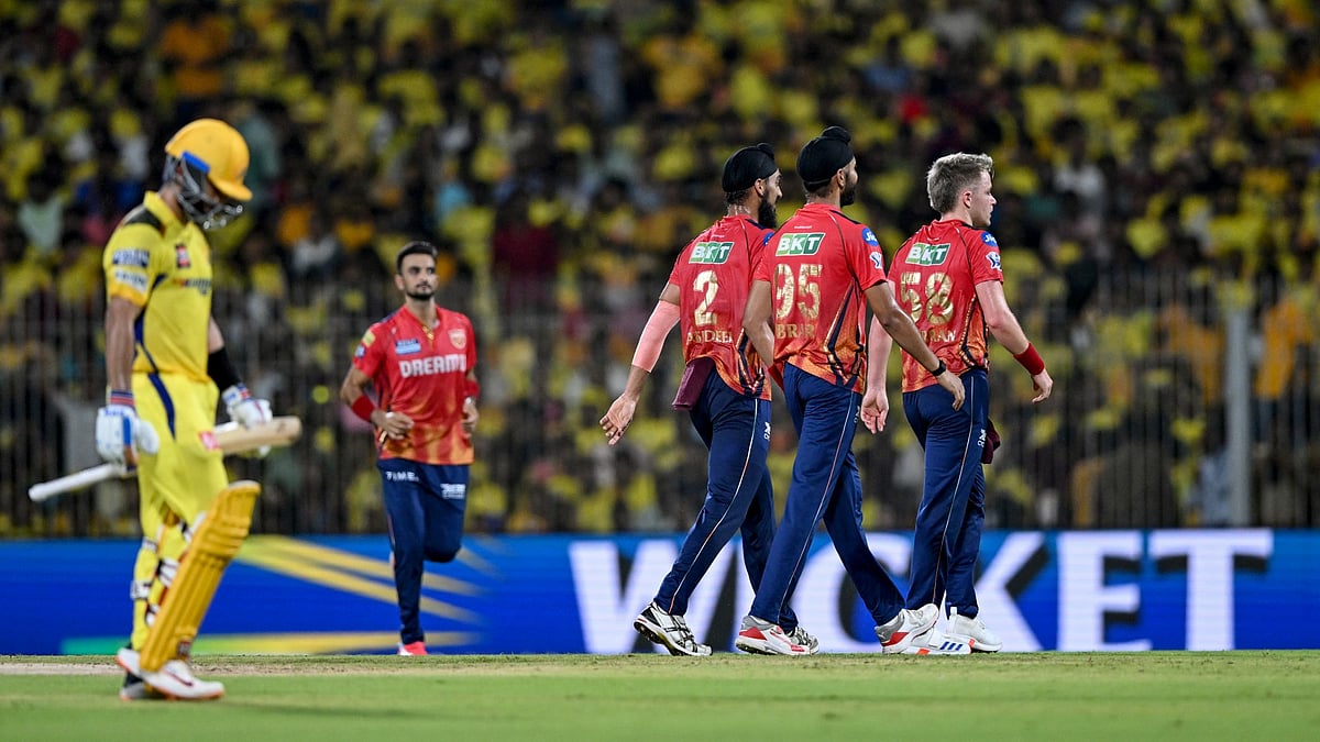 The Punjab Kings celebrate Harpreet Brar taking the wicket of Ajinkya Rahane on Wednesday