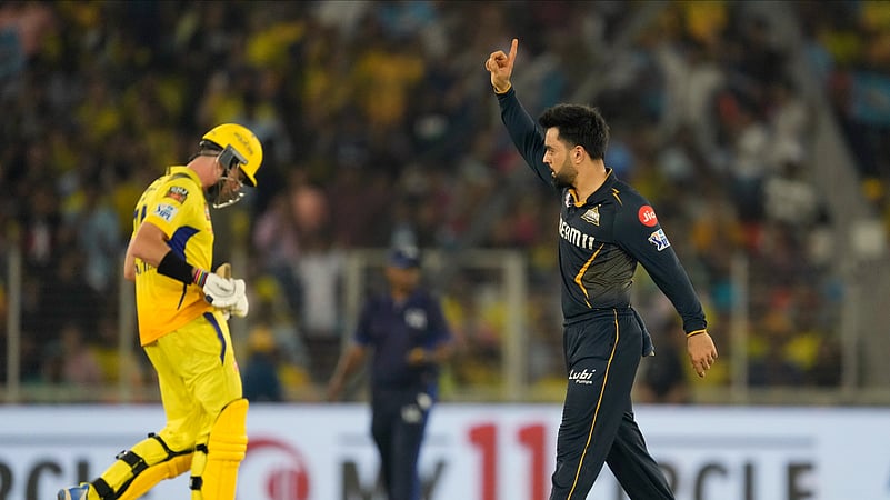 Rashid Khan gave a send-off to Mitchell Santner in IPL 2024. AP Photo