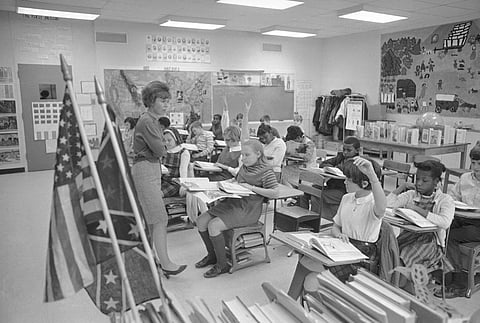  Fifth graders of the West Greene Elementary School in Snow Hill, N.C., study history in an integrated classroom with teacher Charlaron May, March 5, 1969. The school is the first in the eastern Carolina community to be fully integrated.