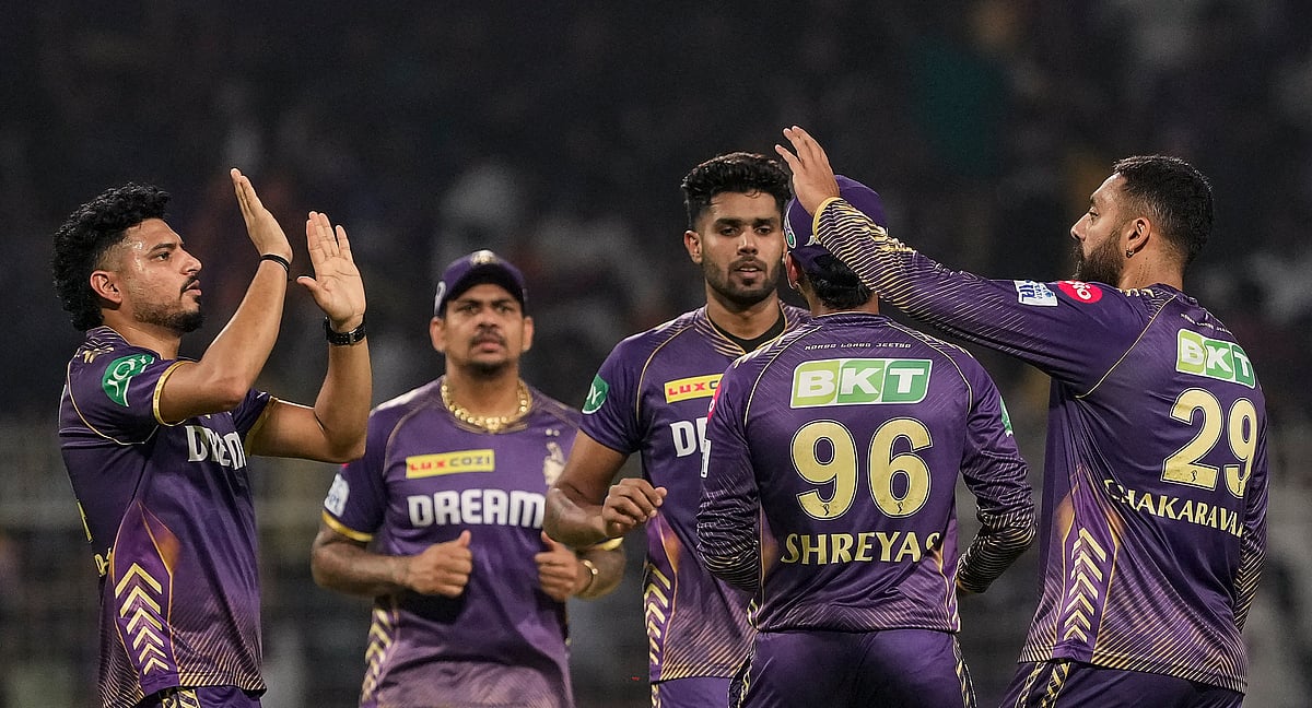 KKR celebrate the 18-run victory over Mumbai Indians in match 60 of IPL 2024 at the Eden Gardens.  - (PTI Photo: Swapan Mahapatra