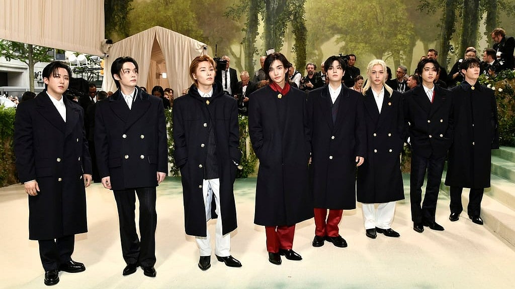 Evan Agostini/Invision/AP : Stray Kids attend the Met Gala 2024 in New York wearing custom outfits designed by Tommy Hilfiger