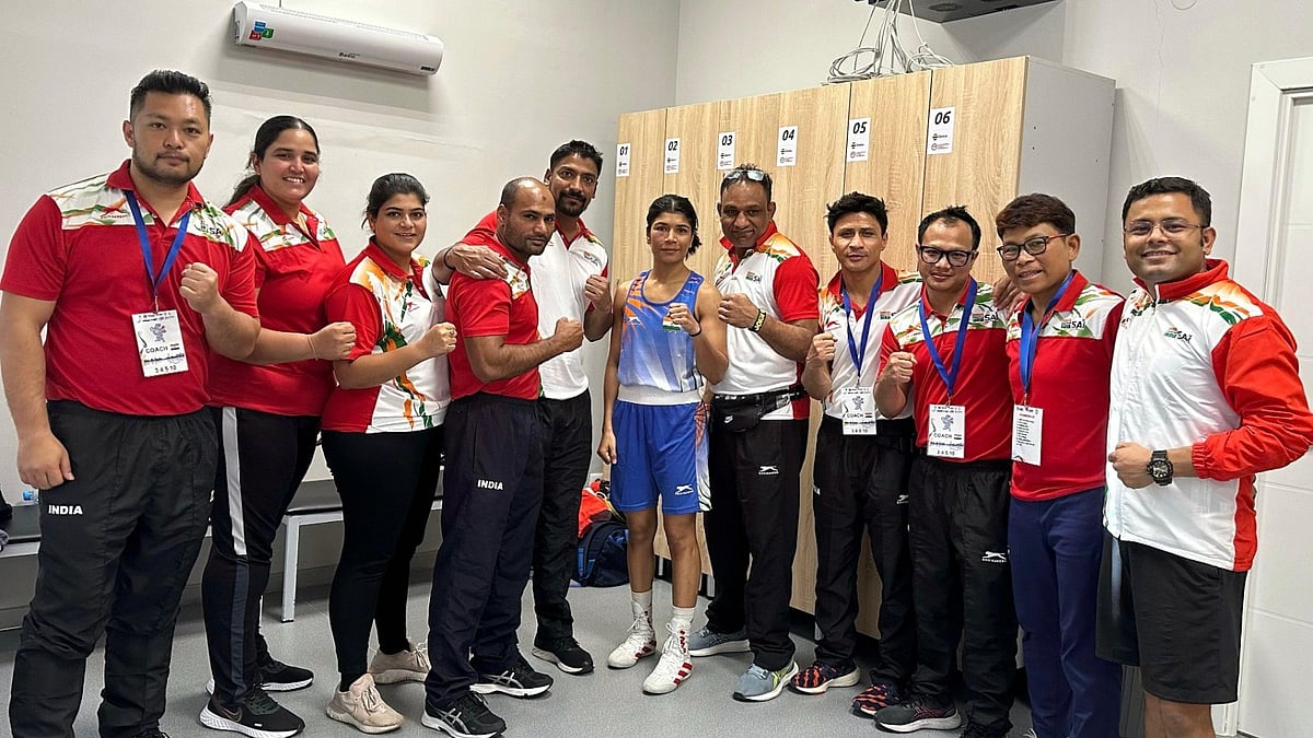 Nikhat Zareen and team after her semifinal win at the Elorda Cup 2024 - SAI Media