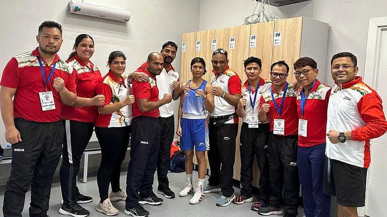 Nikhat Zareen and team after her semifinal win at the Elorda Cup 2024 - SAI Media