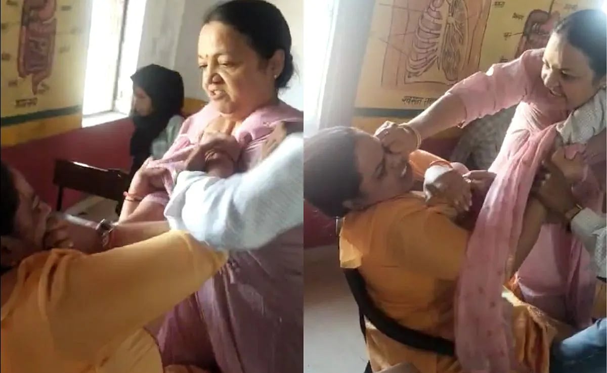 X/ @DeepikaBhardwaj : Visual of the incident where a school teacher was thrashed by the principal for coming late in Agra |