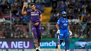 X/@IPL : Mitchell Starc celebrates Ishan Kishan's wicket during MI vs KKR, IPL 2024 on Friday.