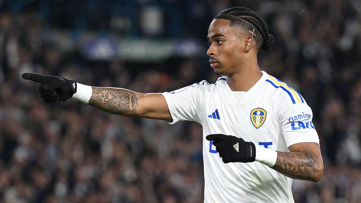 Crysencio Summerville celebrates netting Leeds United's fourth on Thursday - null