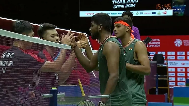 Indian men's doubles pair of Satwiksairaj Rankireddy and Chirag Shetty in action at the Thailand Open 2024. - X | Anmolkakkar27