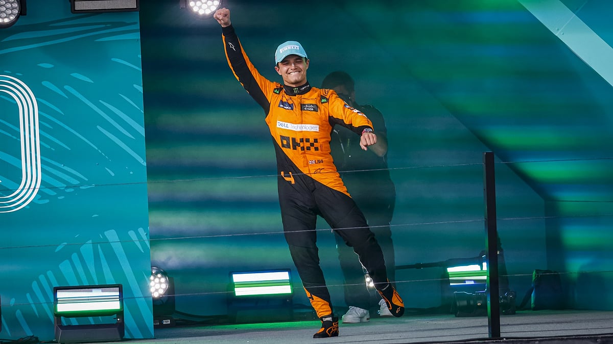 Lando Norris celebrates his victory at the Miami Grand Prix. - null