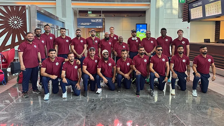 Oman national cricket team posing for a group photo before leaving for Barbados to participate in the ICC T2 World Cup 2024. - Photo: X/ @TheOmanCricket