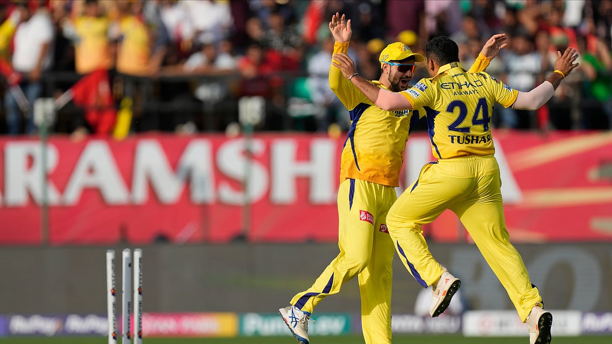 CSKs Tushar Deshpande celebrating after taking the wicket of PBKS batter in IPL 2024. AP Photo