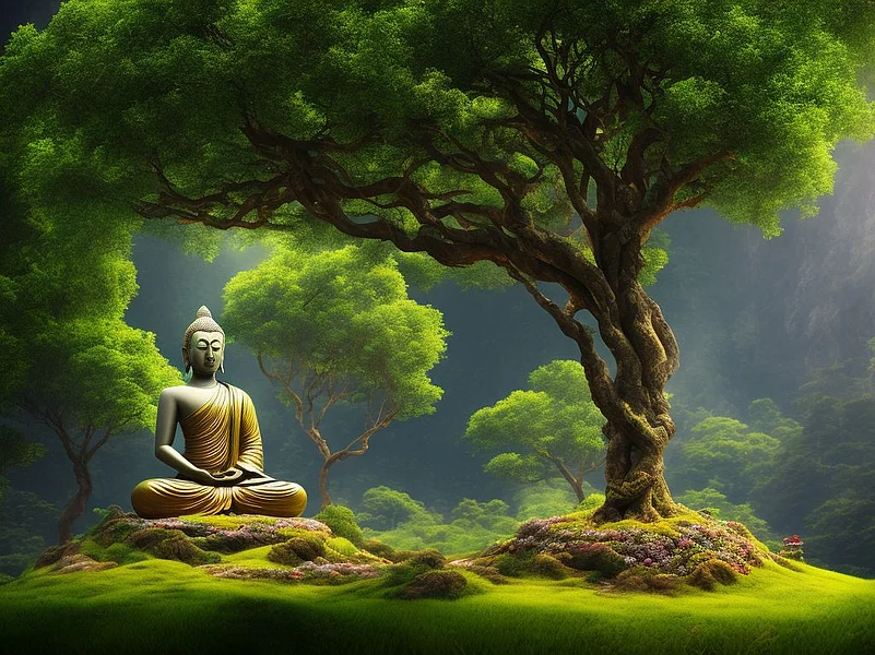 Peaceful Buddha statue surrounded by trees and green grass near Bodhi Tree.