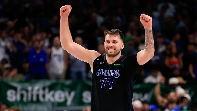 Luka Doncic #77 of the Dallas Mavericks reacts during the fourth quarter against the Los Angeles Clippers in Game Six of the Western Conference First Round Playoffs at American Airlines Center on May 03, 2024 in Dallas, Texas. - null