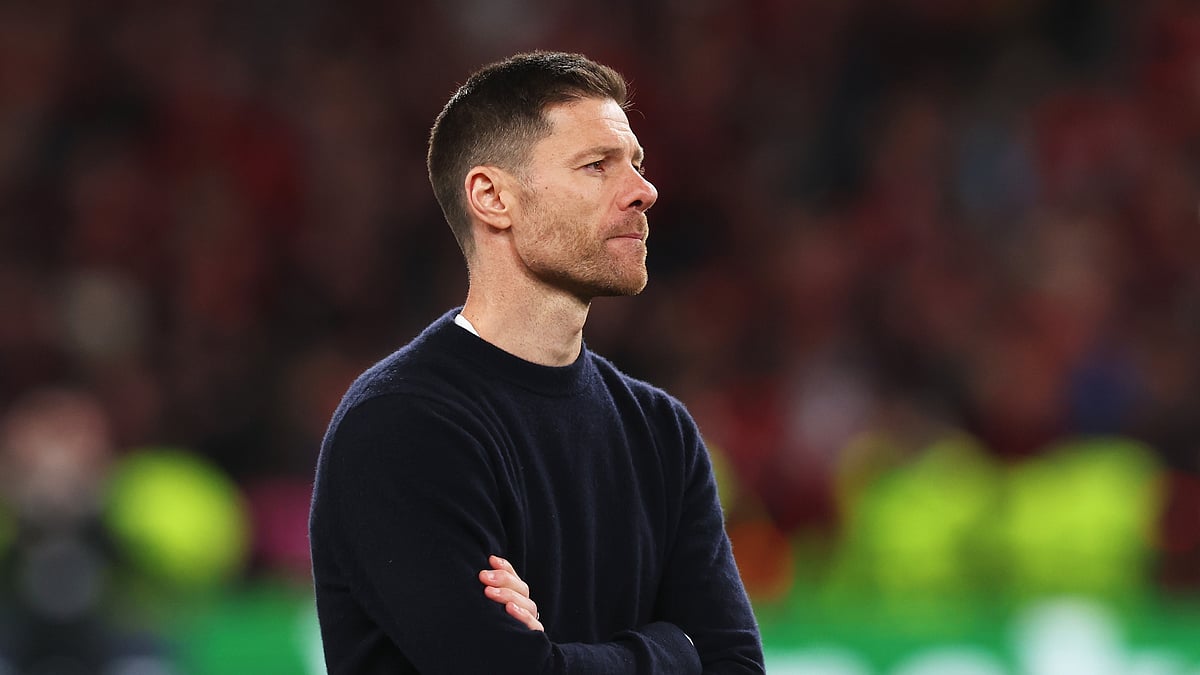 Xabi Alonso looks on as Atalanta lift the Europa League trophy on Wednesday